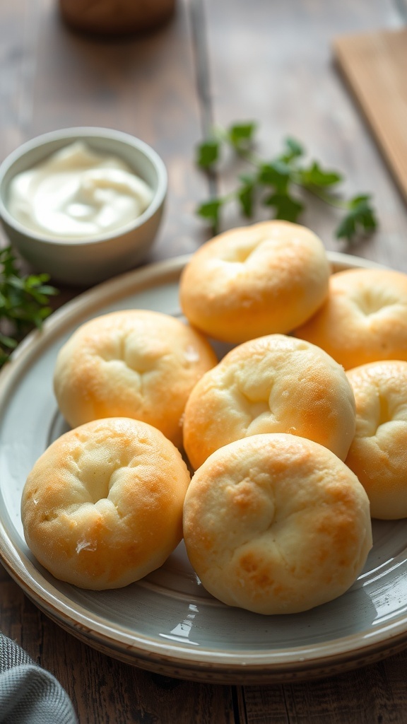 21 Day Fix Cloud Bread Recipe Fluffy cloud bread rounds on a plate, golden brown, with a rustic kitchen background.